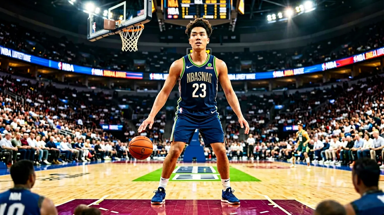 မိုးလုံးမီးရောင်အောက် NBA ကွင်းအတွင်း အလယ်တွင် ရပ်နေသည့် အပြာရောင်ဝတ်စုံ 23 နံပါတ် ကစားသမား၊ ဘေးတွင် ဘောလုံးတစ်လုံး၊ နောက်ခံတွင် ပရိသတ်စင်များနှင့် မီးရောင်ဘုတ်များ