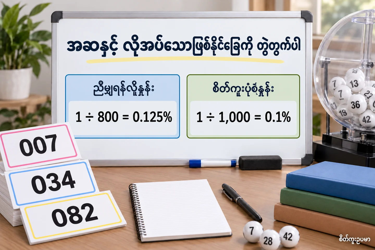 ကြီးသောဆုအဆနှင့် ညီမျှရန်လိုနှုန်းကို ခွဲတွက်နည်း ကို ရှင်းပြသော စိတ်ကူးဥပမာပုံ။