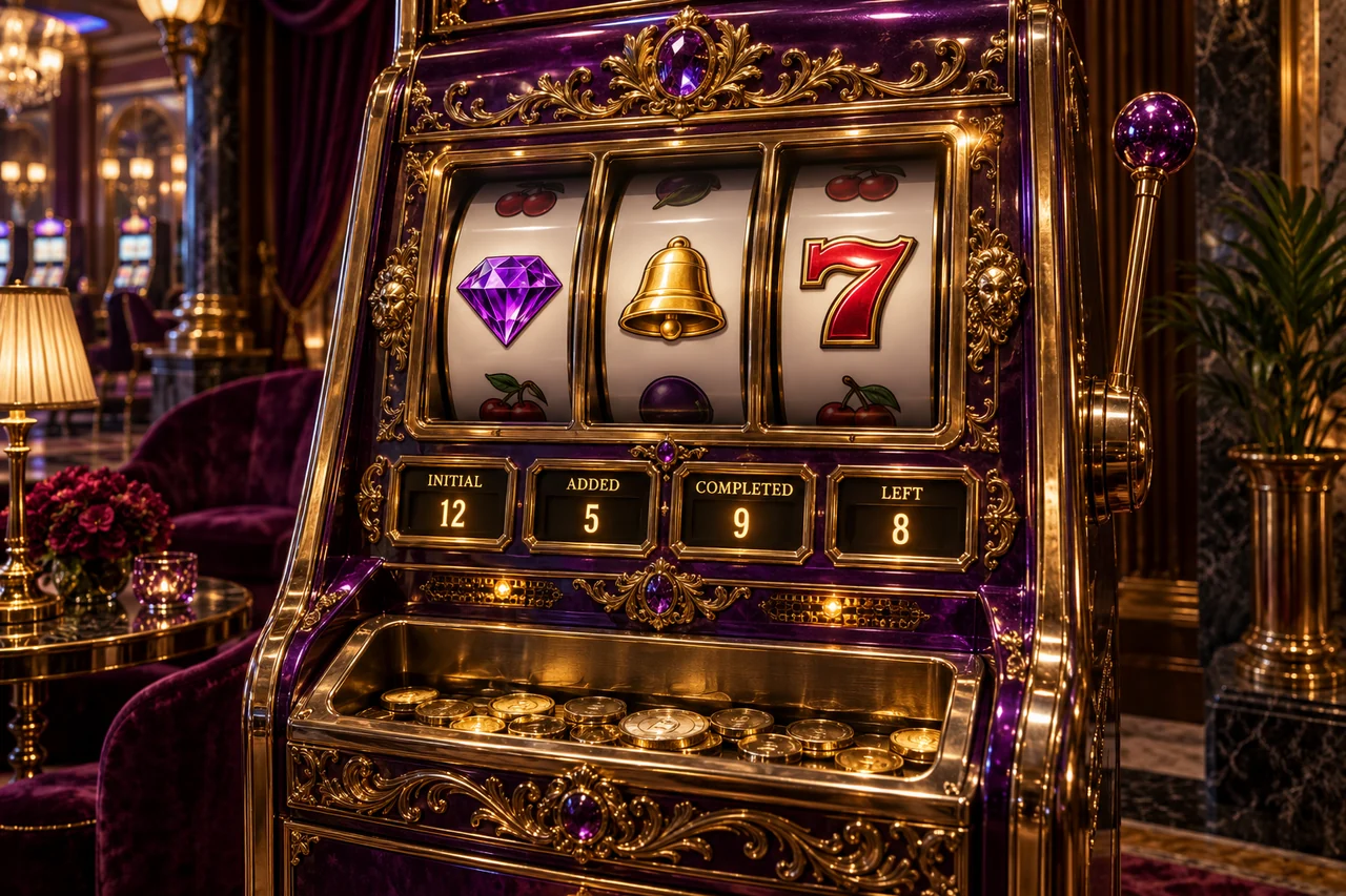 စိတ်ကူးslot machine တွင် initial12၊added5၊completed9 နှင့်left8 counter လေးခုကိုပြထားသည်။